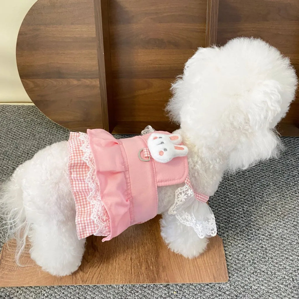 Cute Bunny Lace Pet Harness Dress, Adjustable Dog Walking Vest Skirt with D-Ring for Small Dogs Cats