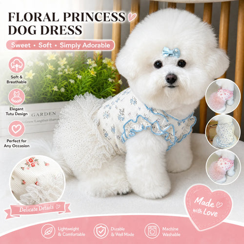 Floral Ruffle Tulle Dog Dress, Soft Breathable Cute Puppy Princess Tutu Outfit, Lightweight Pet Party Wedding Photo Clothes for Small Dogs Bichon Pomeranian Yorkie | | Furwander.