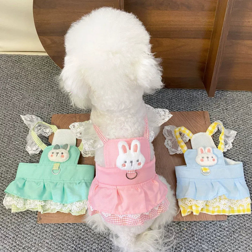 Cute Bunny Lace Pet Harness Dress, Adjustable Dog Walking Vest Skirt with D-Ring for Small Dogs Cats