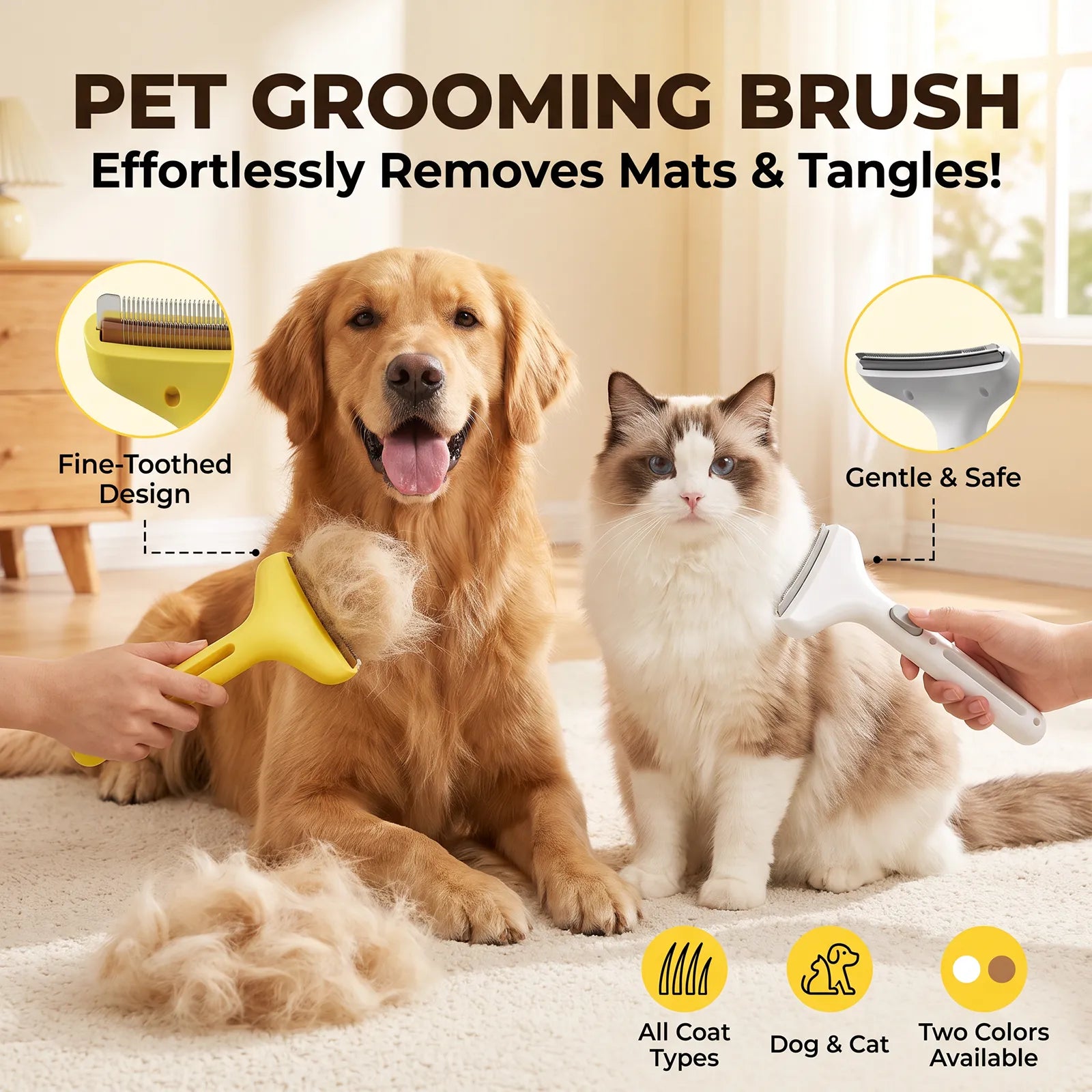 Pet Deshedding Grooming Brush for Dogs & Cats, Safe Comb Removes Loose Fur Mats Tangles for All Hair Types