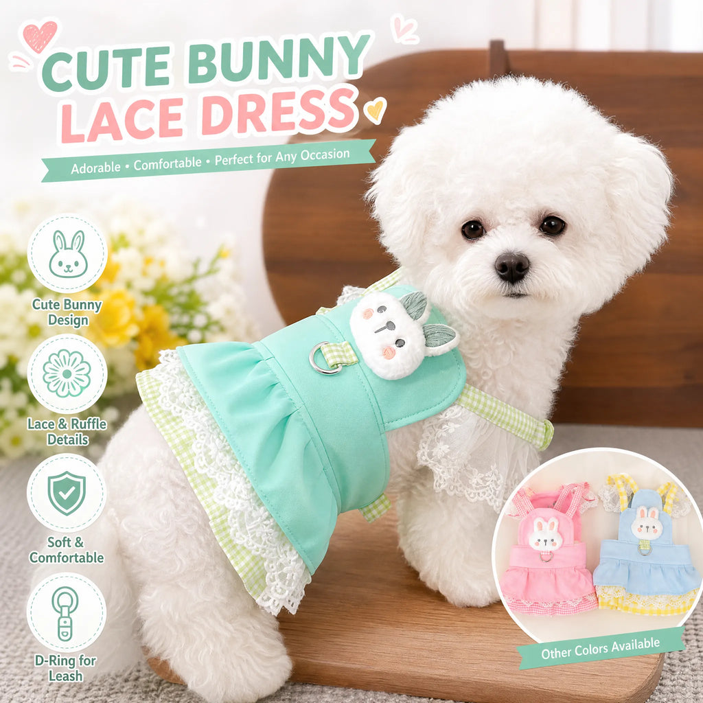 Cute Bunny Lace Pet Harness Dress, Adjustable Dog Walking Vest Skirt with D-Ring for Small Dogs Cats