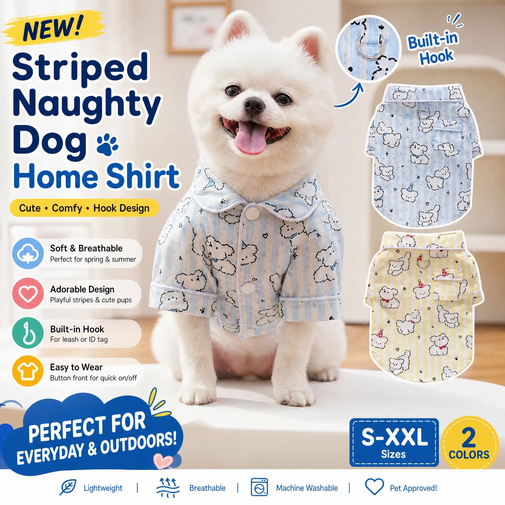 Cotton Striped Cartoon Bear Dog Home Shirt, Breathable Summer Pet Clothes with Built-in Walking Hook, Button Puppy Apparel XS-XXL Two Colors