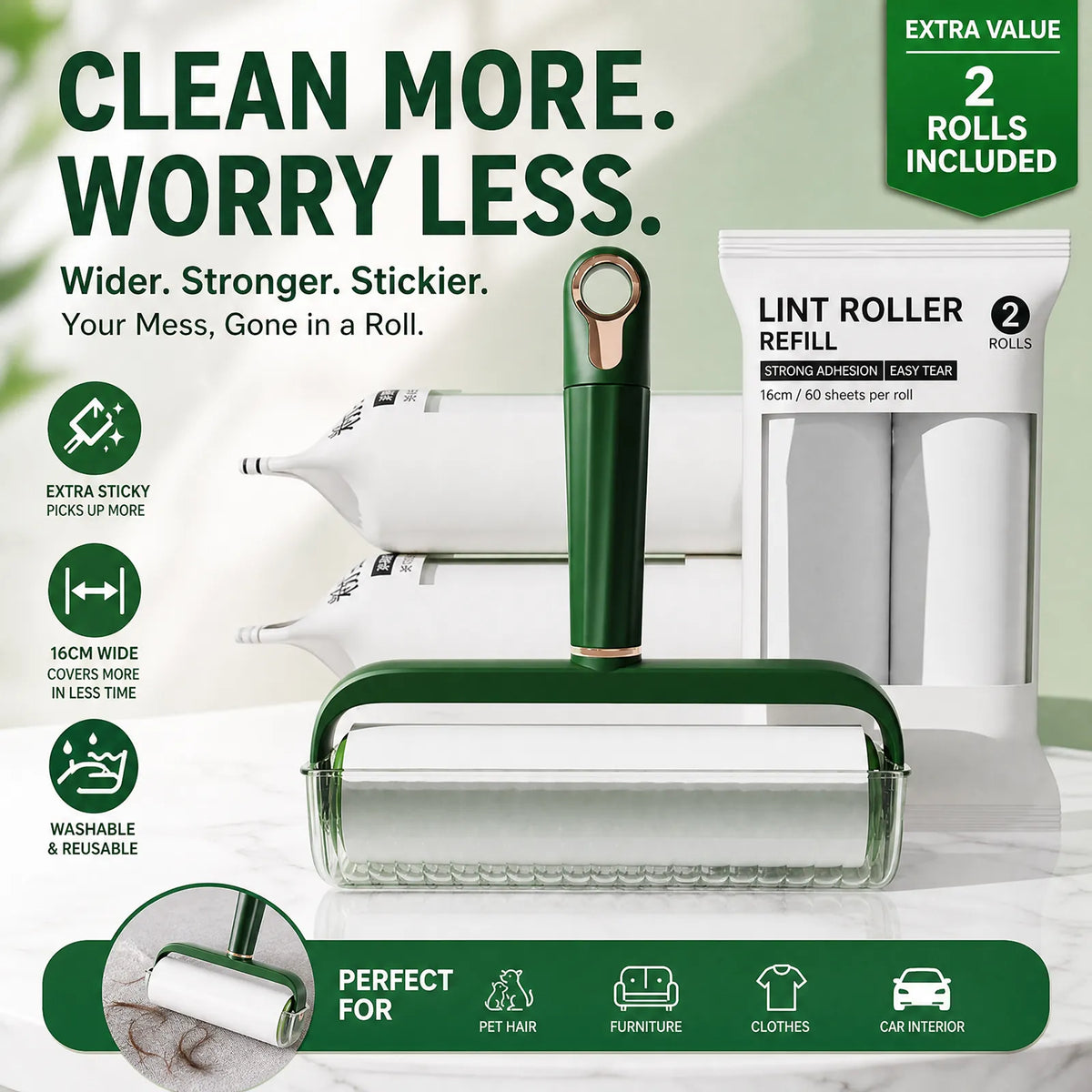 Sticky Clean Done – Reusable Lint Roller with 2 Free Refills, Extra Sticky & Easy Tear for Pet Hair, Dust & Clothes – Safe for All Surfaces