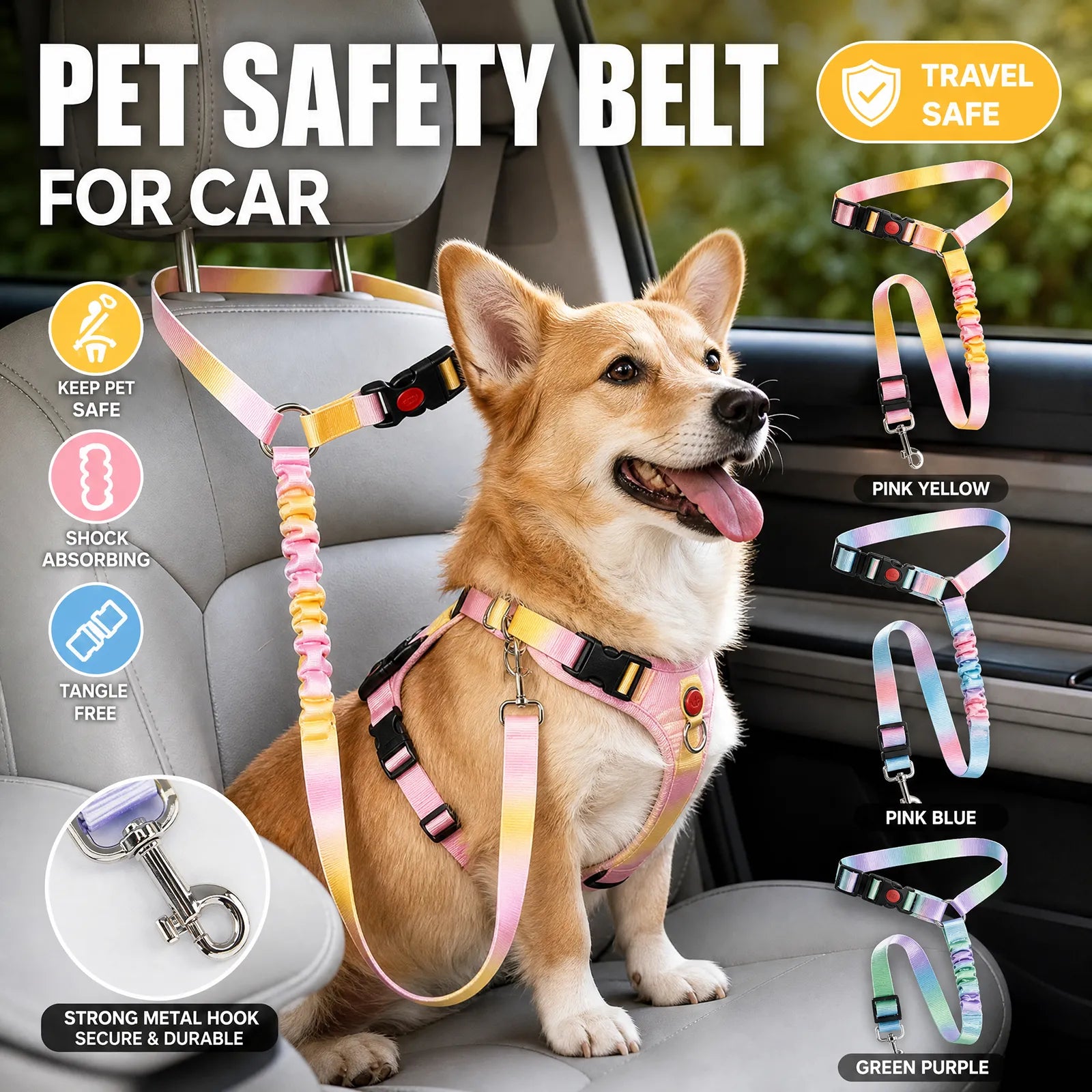 Pet Safety Belt for Car – Shock-Absorbing, Tangle-Free Dog Harness with Strong Metal Hook | Travel Safe for Dogs & Cats