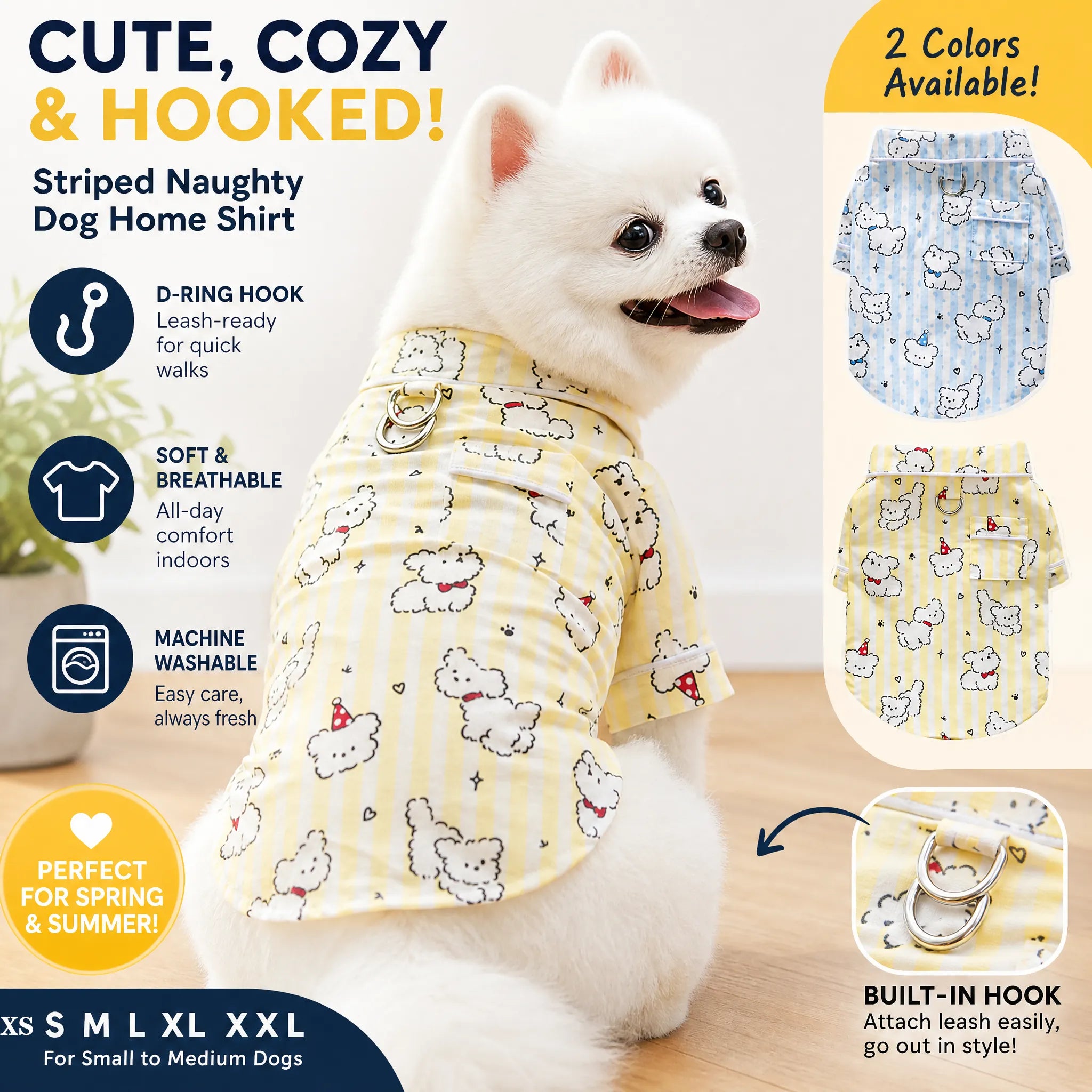 Cotton Striped Cartoon Bear Dog Home Shirt, Breathable Summer Pet Clothes with Built-in Walking Hook, Button Puppy Apparel XS-XXL Two Colors