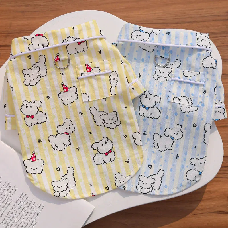 Cotton Striped Cartoon Bear Dog Home Shirt, Breathable Summer Pet Clothes with Built-in Walking Hook, Button Puppy Apparel XS-XXL Two Colors
