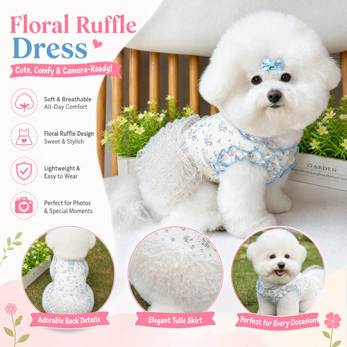 Floral Ruffle Tulle Dog Dress, Soft Breathable Cute Puppy Princess Tutu Outfit, Lightweight Pet Party Wedding Photo Clothes for Small Dogs Bichon Pomeranian Yorkie | | Furwander.