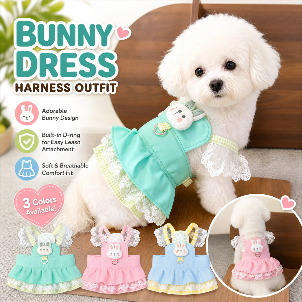 Cute Bunny Lace Pet Harness Dress, Adjustable Dog Walking Vest Skirt with D-Ring for Small Dogs Cats
