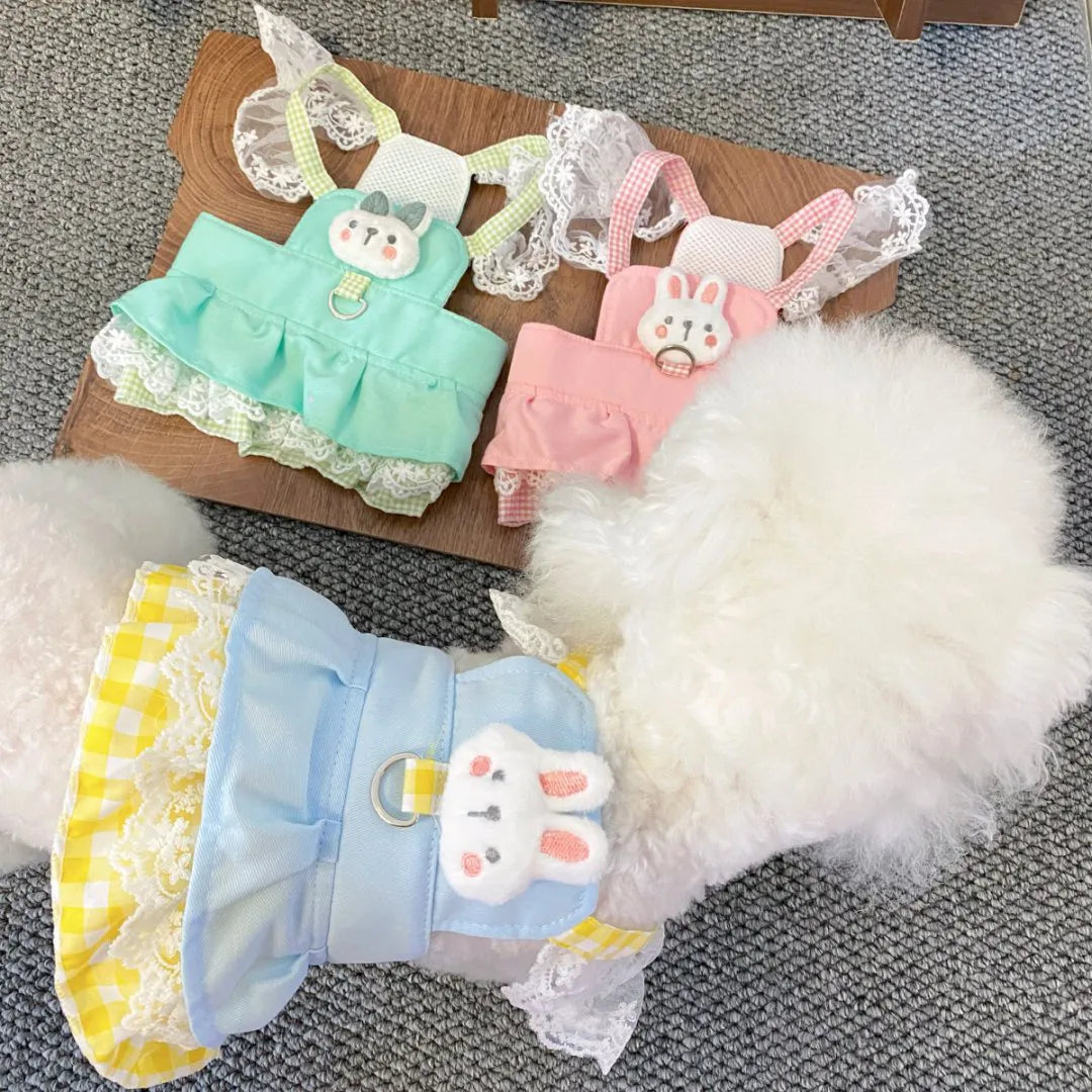 Cute Bunny Lace Pet Harness Dress, Adjustable Dog Walking Vest Skirt with D-Ring for Small Dogs Cats