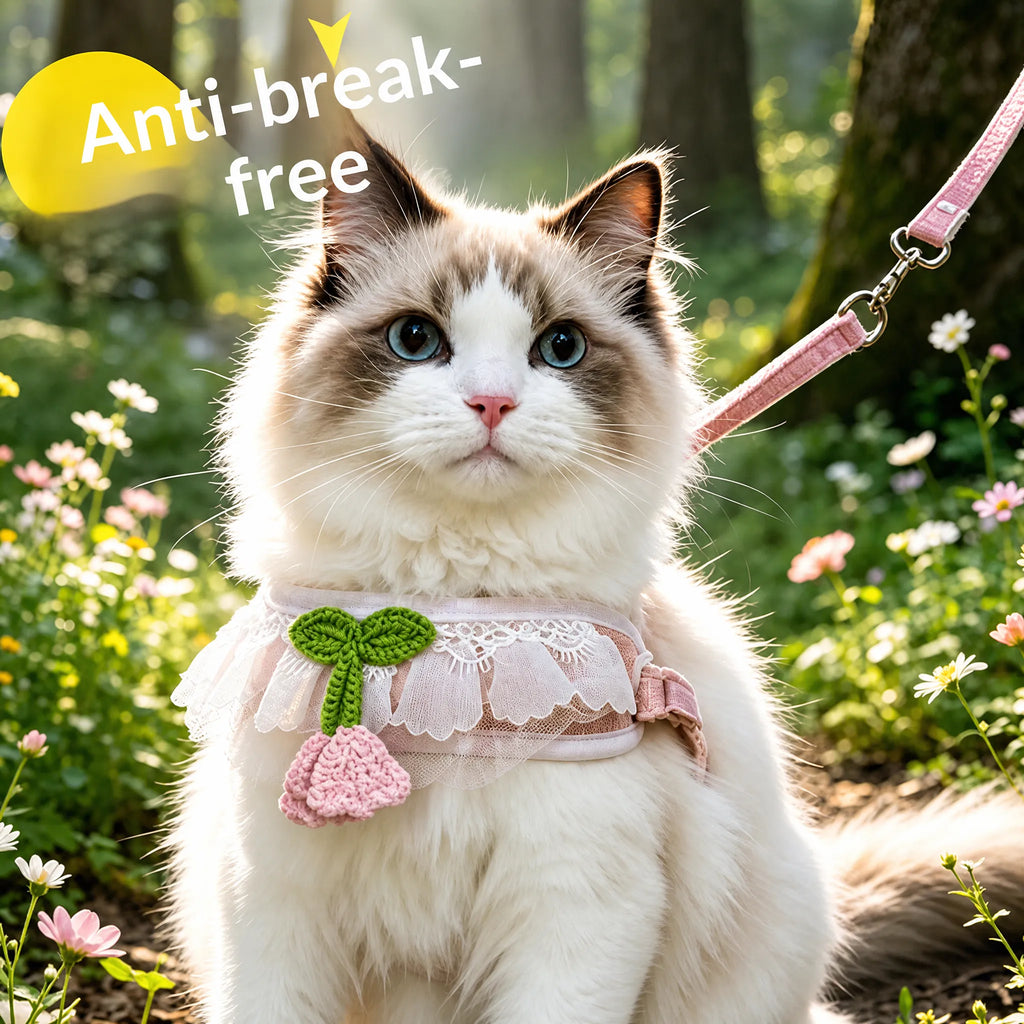 Knit Cherry Cat & Dog Harness with Leash – Anti-Break, Lightweight & Adjustable for Safe Outdoor Walks