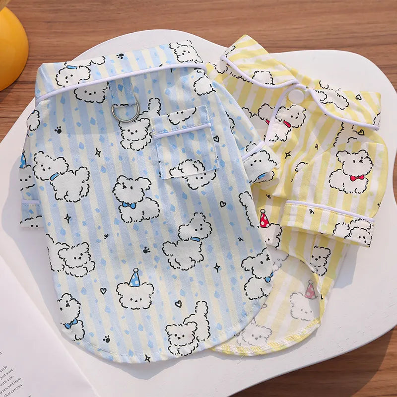 Cotton Striped Cartoon Bear Dog Home Shirt, Breathable Summer Pet Clothes with Built-in Walking Hook, Button Puppy Apparel XS-XXL Two Colors