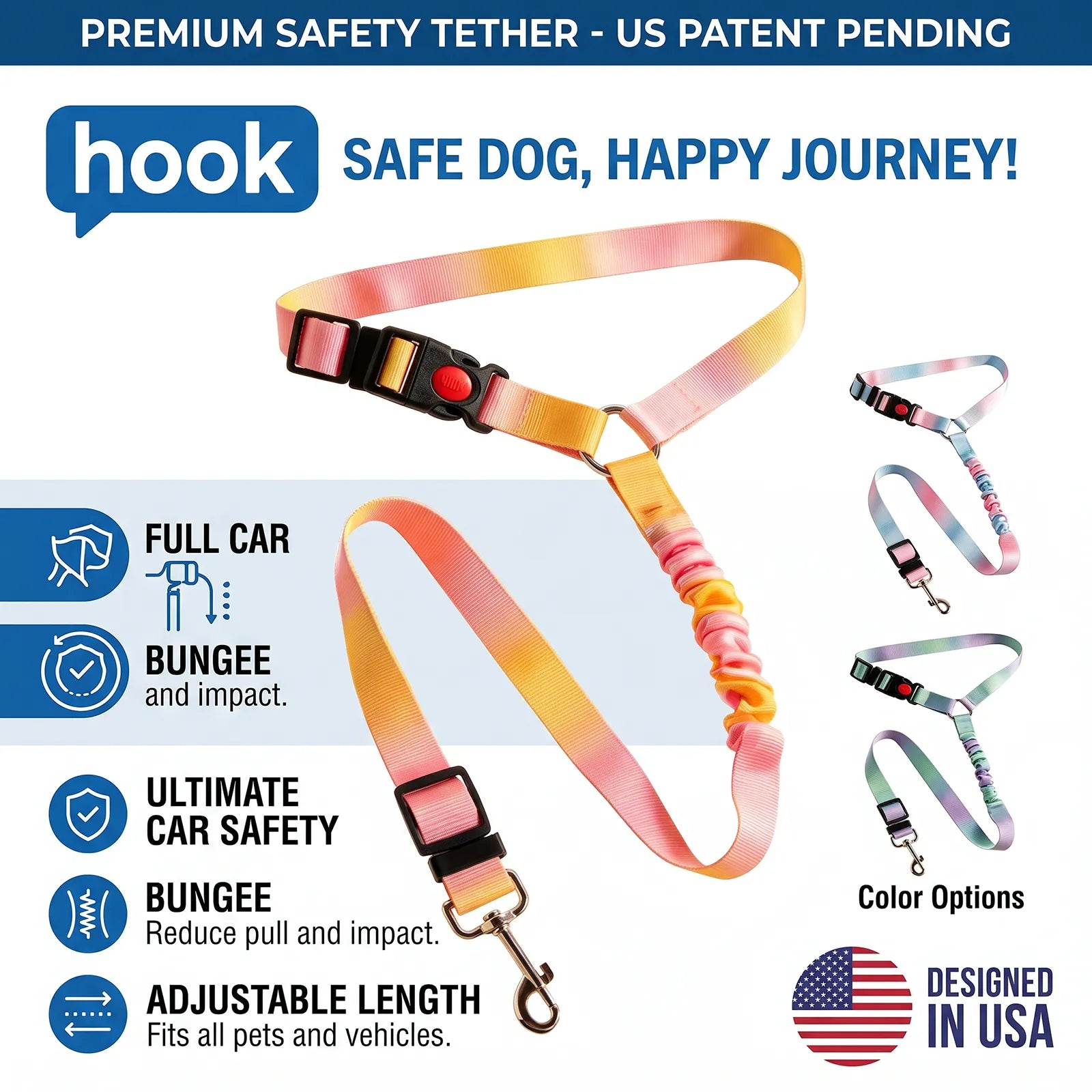Pet Safety Belt for Car – Shock-Absorbing, Tangle-Free Dog Harness with Strong Metal Hook | Travel Safe for Dogs & Cats