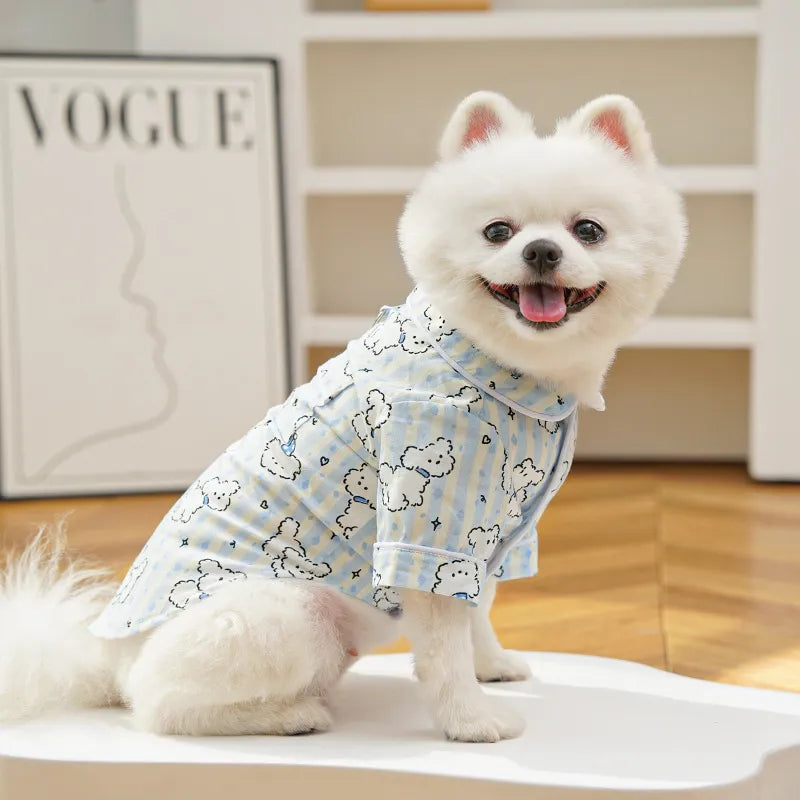 Cotton Striped Cartoon Bear Dog Home Shirt, Breathable Summer Pet Clothes with Built-in Walking Hook, Button Puppy Apparel XS-XXL Two Colors
