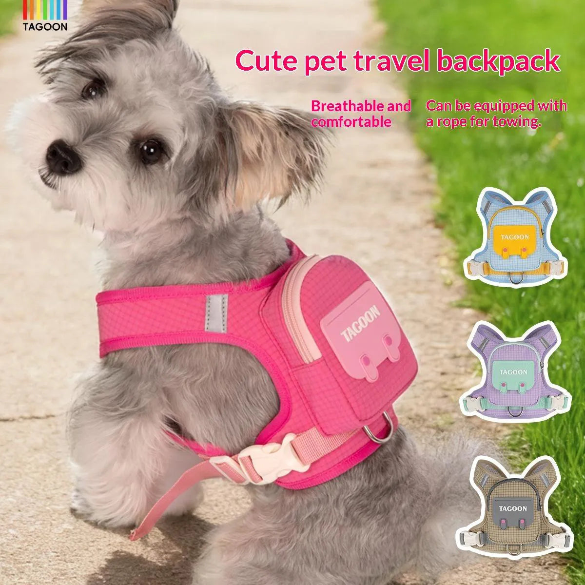 Cute Pet Self Backpack Harness Breathable Mesh Adjustable Walking Vest With Storage Bag Leash Attachment For Small Dogs Puppies Outdoor Travel Walking