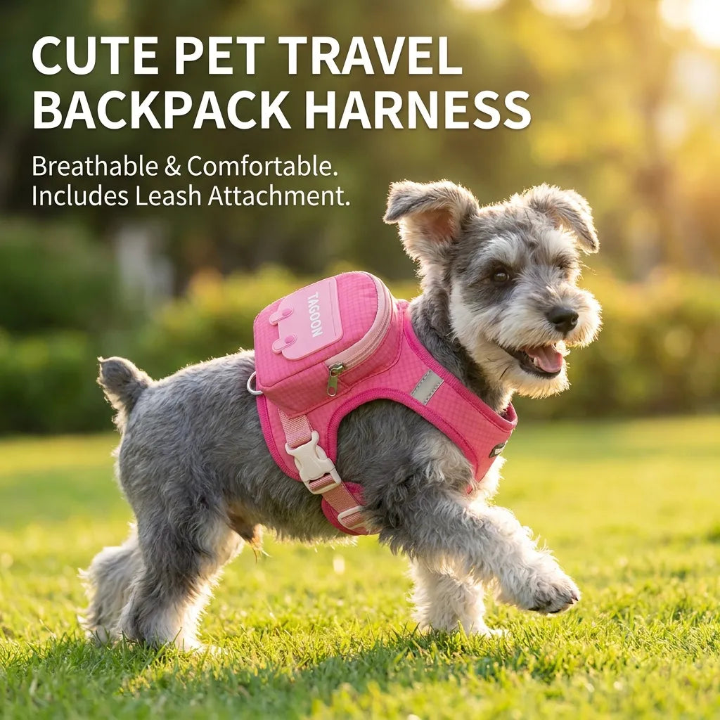 Cute Pet Self Backpack Harness Breathable Mesh Adjustable Walking Vest With Storage Bag Leash Attachment For Small Dogs Puppies Outdoor Travel Walking