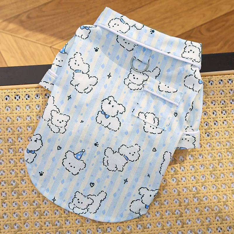 Cotton Striped Cartoon Bear Dog Home Shirt, Breathable Summer Pet Clothes with Built-in Walking Hook, Button Puppy Apparel XS-XXL Two Colors