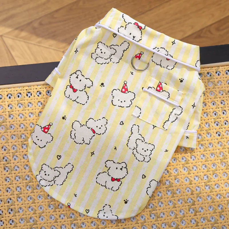 Cotton Striped Cartoon Bear Dog Home Shirt, Breathable Summer Pet Clothes with Built-in Walking Hook, Button Puppy Apparel XS-XXL Two Colors
