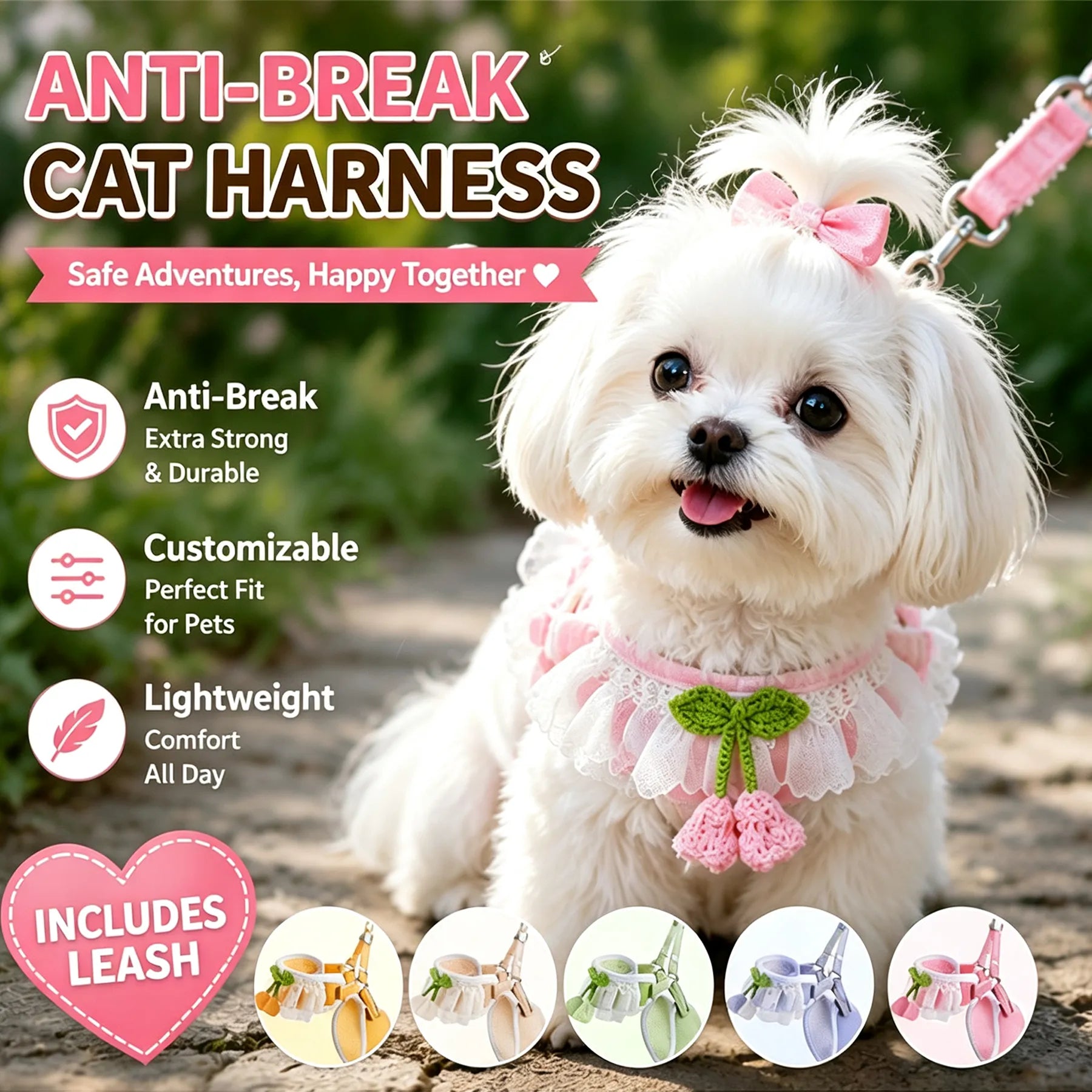 Knit Cherry Cat & Dog Harness with Leash – Anti-Break, Lightweight & Adjustable for Safe Outdoor Walks